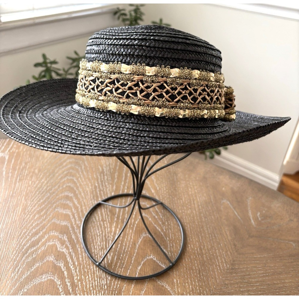 VTG Miriam Lefcourt Black Straw Boater Hat Gold Metallic Trim Handcrafted Italy